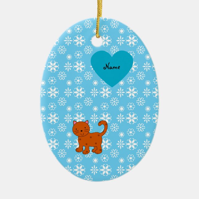 Personalised name orange cat blue snowflakes ceramic tree decoration (Front)