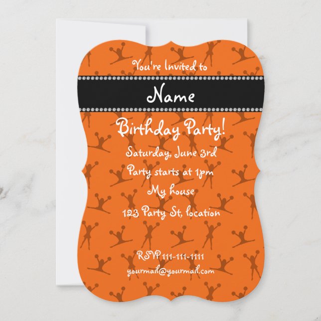 Personalised name orange cheerleader pattern invitation (Front)