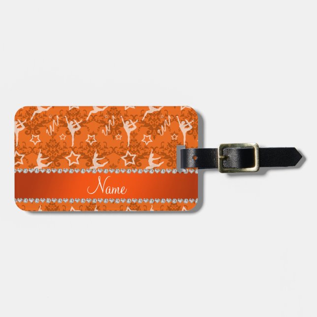 Personalised name orange damask gymnastics luggage tag (Front Horizontal)