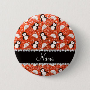 Personalised name orange glitter penguins igloos 6 cm round badge