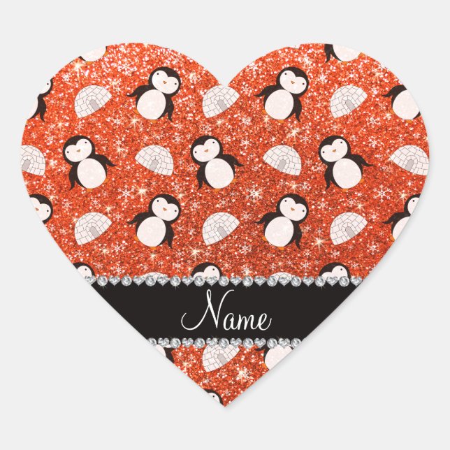 Personalised name orange glitter penguins igloos heart sticker (Front)