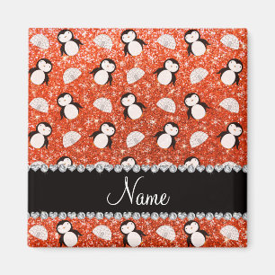 Personalised name orange glitter penguins igloos magnet