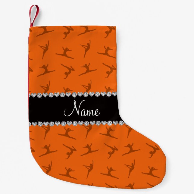 Personalised name orange gymnastics pattern small christmas stocking (Front)