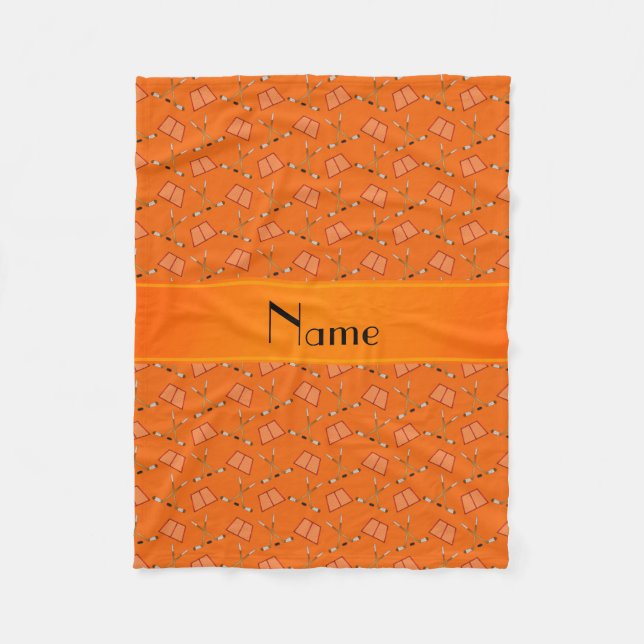 Personalised name orange hockey pattern fleece blanket (Front)