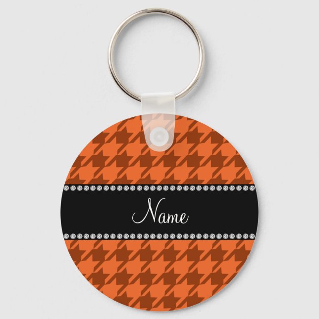 Personalised name orange houndstooth pattern key ring (Front)