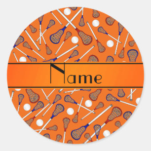 Personalised name orange lacrosse pattern classic round sticker