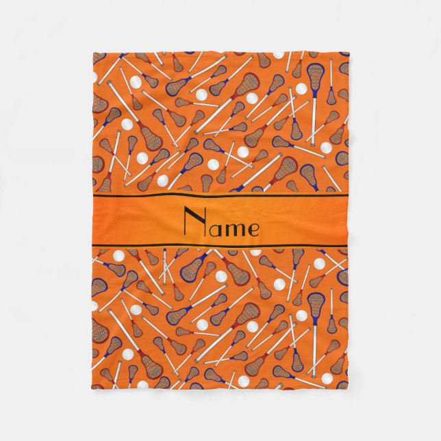 Personalised name orange lacrosse pattern fleece blanket (Front)