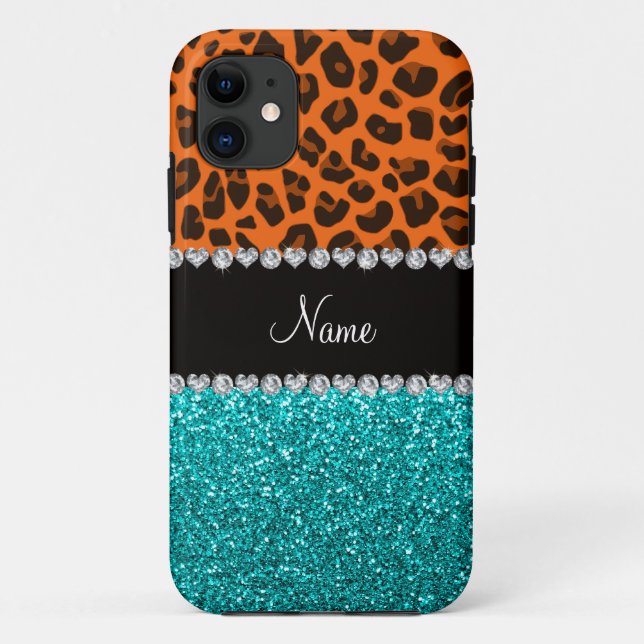 Personalised name orange leopard turquoise glitter Case-Mate iPhone case (Back)