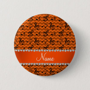 Personalised name orange music notes chevrons 6 cm round badge