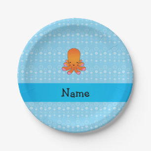 Personalised name orange octopus blue bubbles paper plate