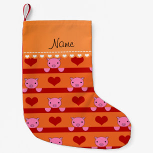 Personalised name orange pigs red hearts stripes small christmas stocking