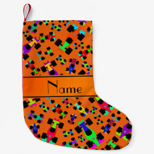 Personalised name orange race car pattern small christmas stocking