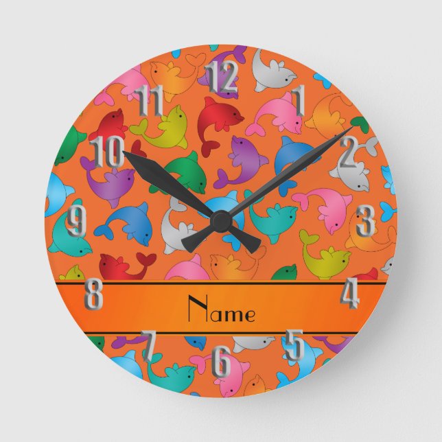 Personalised name orange rainbow dolphins round clock (Front)