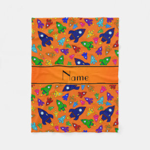 Personalised name orange rocket ships fleece blanket