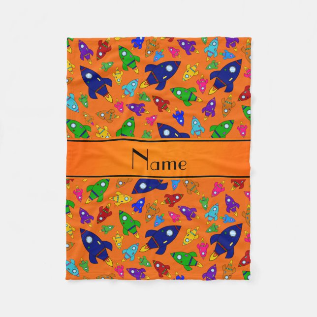 Personalised name orange rocket ships fleece blanket (Front)