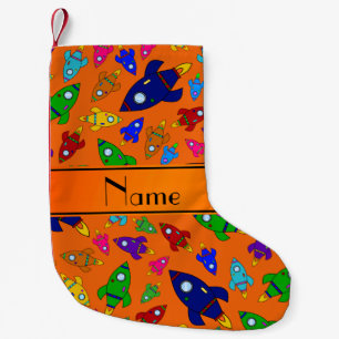 Personalised name orange rocket ships small christmas stocking