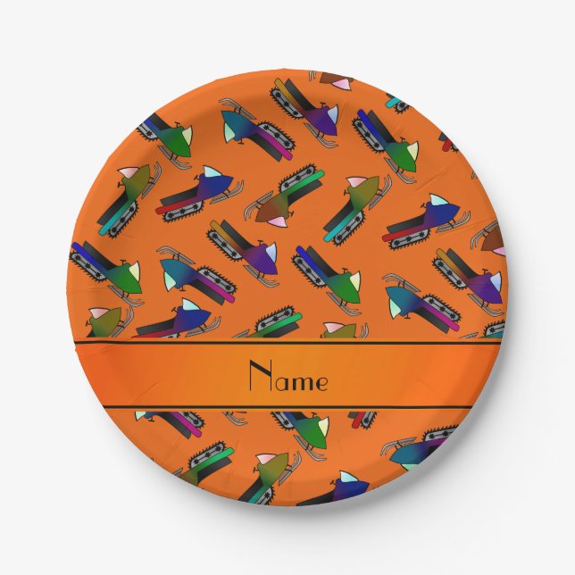 Personalised name orange snowmobiles paper plate (Front)