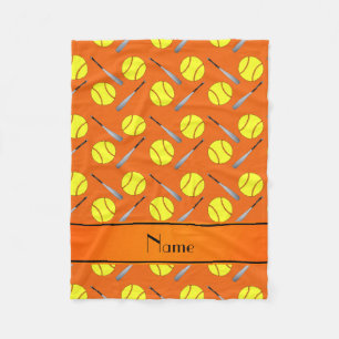 Personalised name orange softball pattern fleece blanket