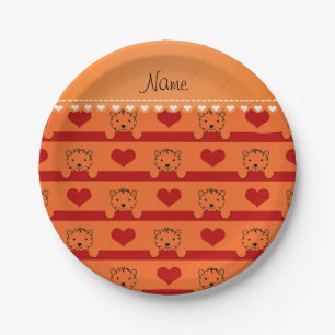 Personalised name orange tigers red hearts stripes paper plate