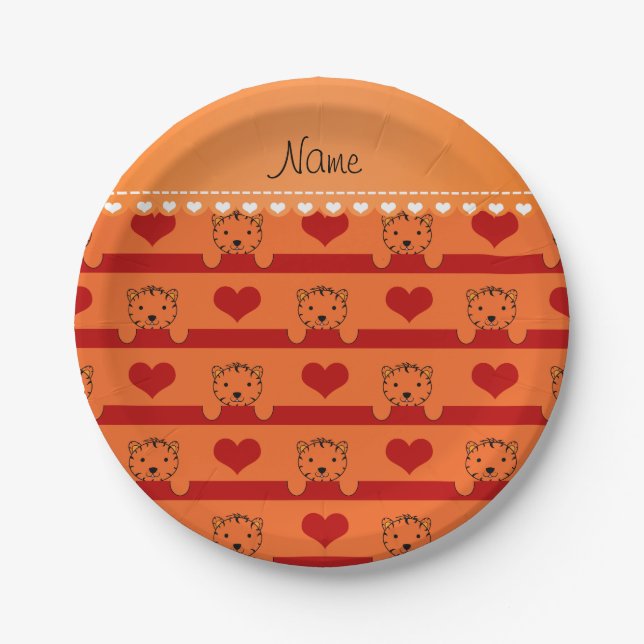 Personalised name orange tigers red hearts stripes paper plate (Front)