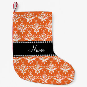 Personalised name orange white damask small christmas stocking