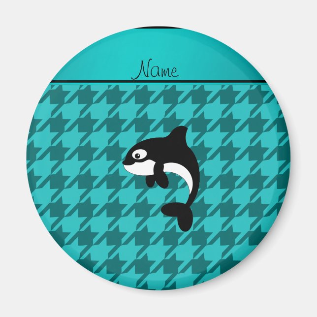 Personalised name orca whale turquoise houndstooth magnet (Front)