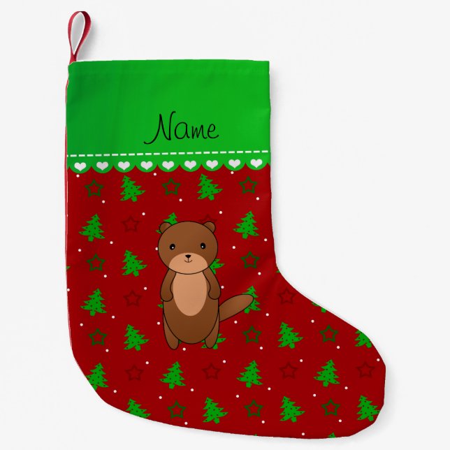 Personalised name otter red trees stars small christmas stocking (Front)