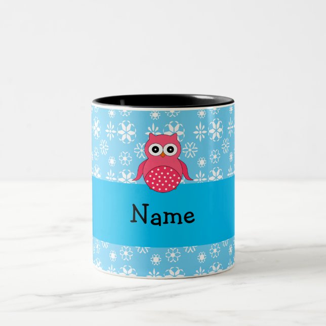Personalised name owl blue snowflakes Two-Tone coffee mug (Center)