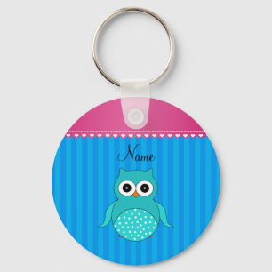 Personalised name owl blue stripes key ring