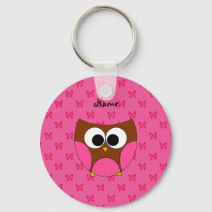 Personalised name owl pink butterflies key ring