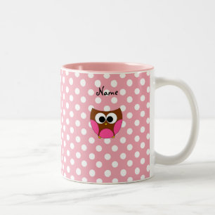 Personalised name owl pink white polka dots Two-Tone coffee mug