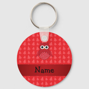 Personalised name owl red christmas trees key ring