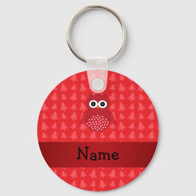 Personalised name owl red christmas trees key ring (Front)