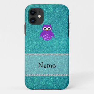 Personalised name owl turquoise glitter iPhone 11 case