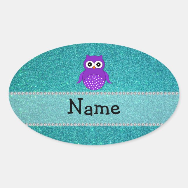 Personalised name owl turquoise glitter oval sticker (Front)