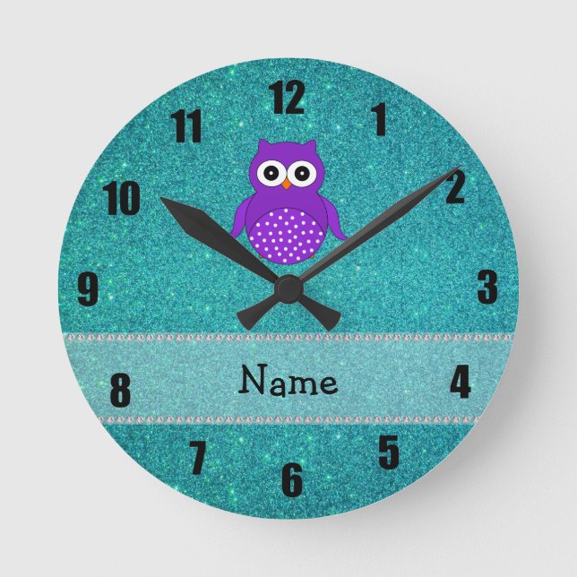 Personalised name owl turquoise glitter round clock (Front)