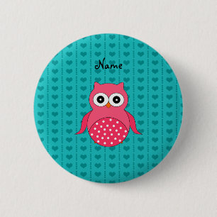 Personalised name owl turquoise hearts 6 cm round badge