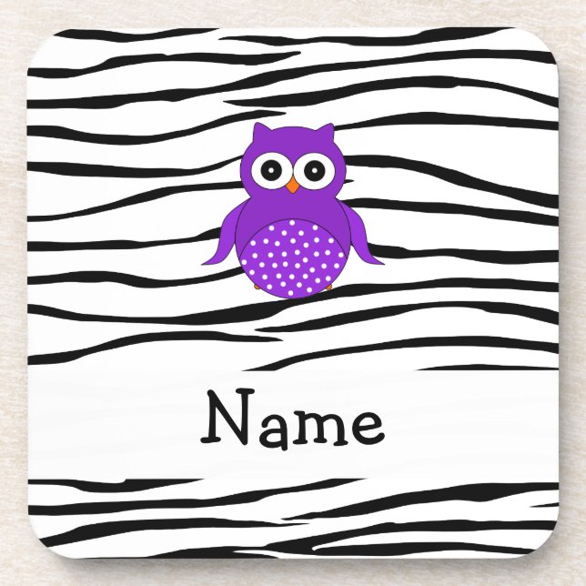 Personalised name owl zebra stripes coaster (Front)