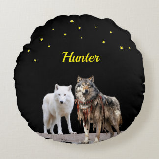 Personalised name pair of wolves round cushion