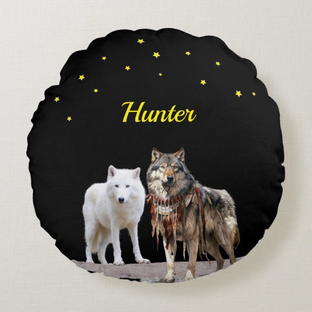 Personalised name pair of wolves round cushion (Front)