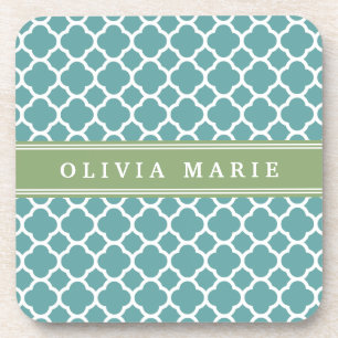 Personalised Name Pale Blue Quatrefoil Pattern Coaster