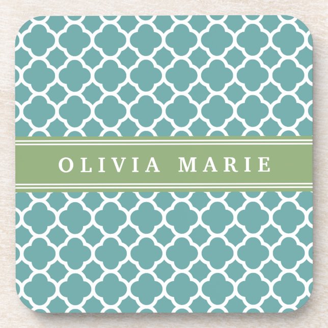 Personalised Name Pale Blue Quatrefoil Pattern Coaster (Front)