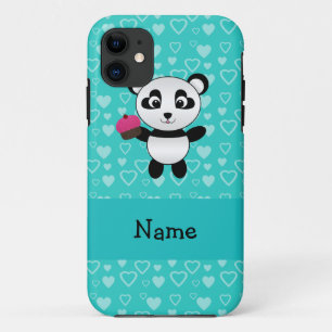 Personalised name panda cupcake turquoise hearts iPhone 11 case