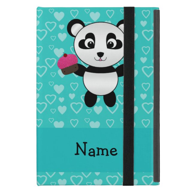Personalised name panda cupcake turquoise hearts iPad mini case (Front Closed)