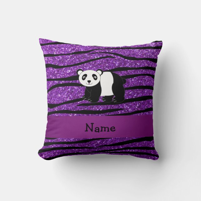 Personalised name panda purple glitter zebra cushion (Front)