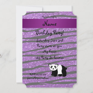 Personalised name panda purple glitter zebra invitation