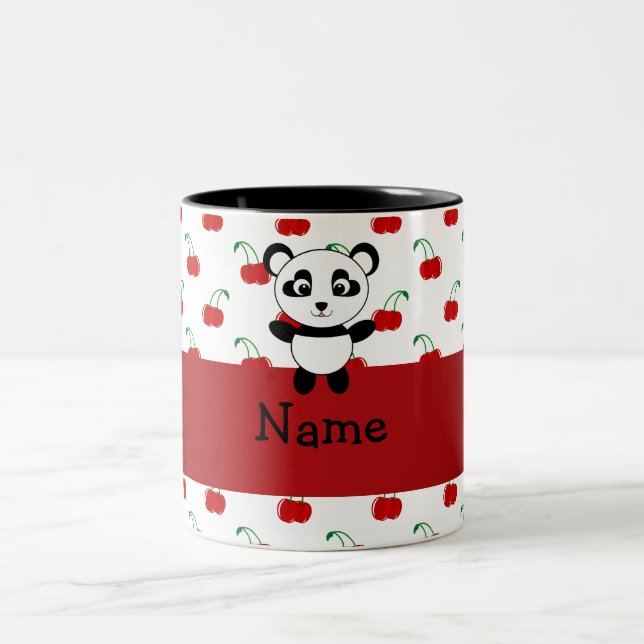 Personalised name panda red cherries Two-Tone coffee mug (Center)