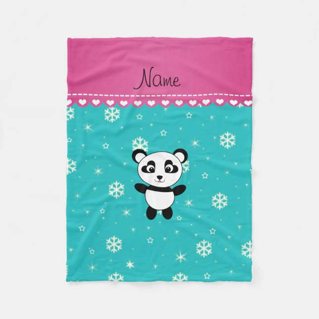 Personalised name panda turquoise snowflakes fleece blanket (Front)