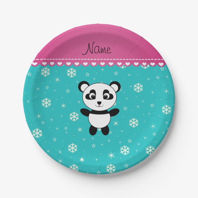 Personalised name panda turquoise snowflakes paper plate (Front)