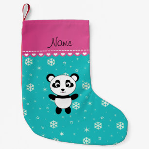 Personalised name panda turquoise snowflakes small christmas stocking